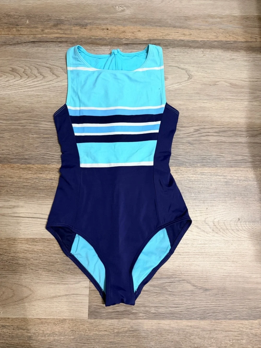 Dkny Light Blue and Navy Striped Athletic One-Piece Swimsuit - Picture 3 of 5